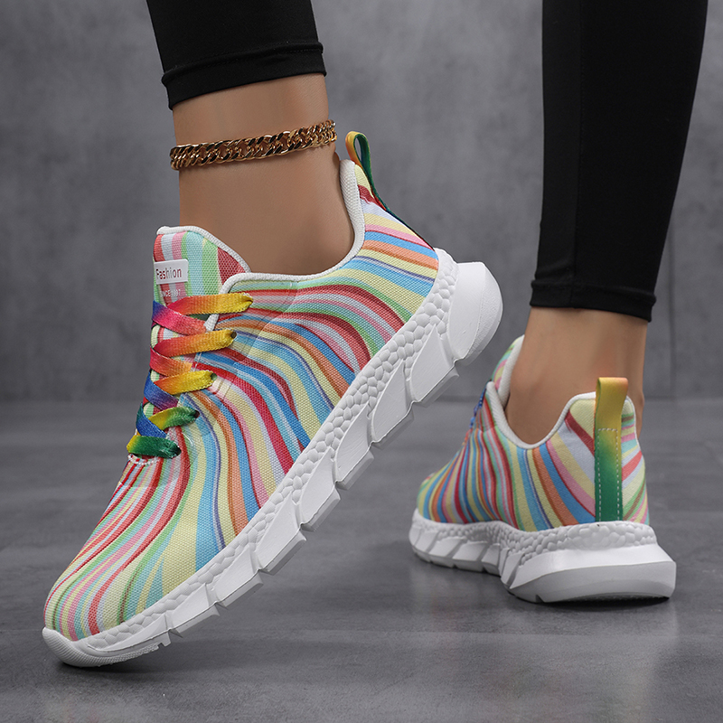 Women Rainbow Striped Sneakers - огляд і ціна Knit Fabric Lace Up Sneakers